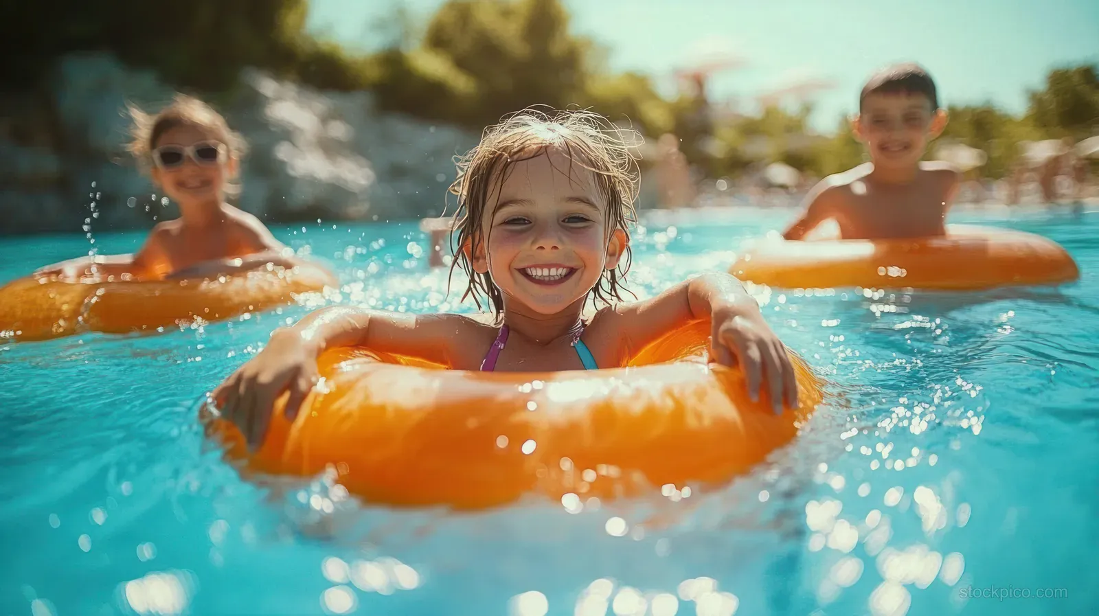 A joyful group of children swims with orange float rings in a sunny outdoor pool surrounded by trees.