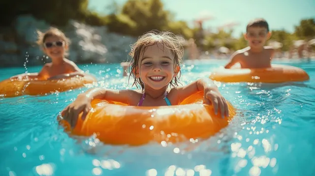 A joyful group of children swims with orange float rings in a sunny outdoor pool surrounded by trees.