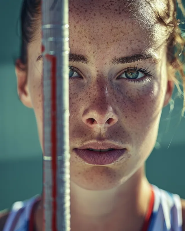 Russian female pole vaulter training, gripping a fiberglass pole mid-flight over track
