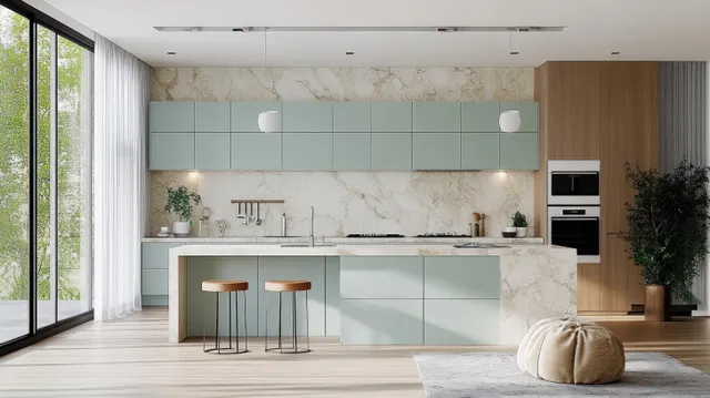 Bright minimalist kitchen interior with marble backsplash, pale cabinetry, and daylight from a large window.