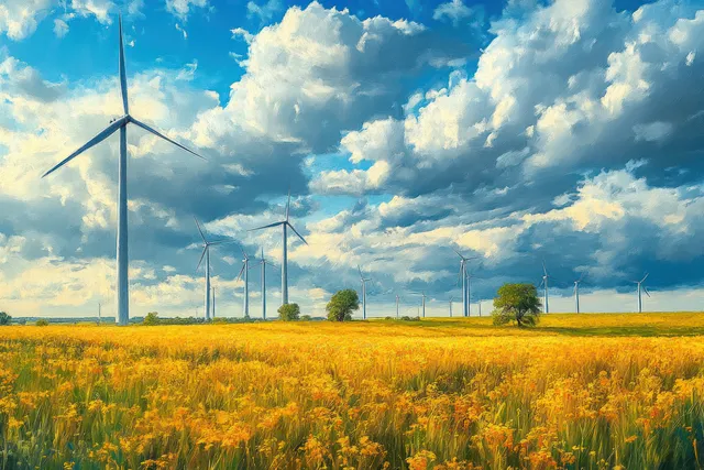 Wind Turbines Rising Above Yellow Fields Under Dramatic Clouds