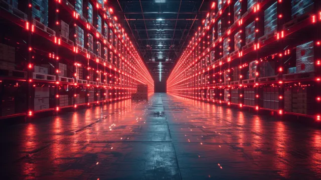 A futuristic warehouse corridor with red glowing shelves and holographic logistics lines down the center.