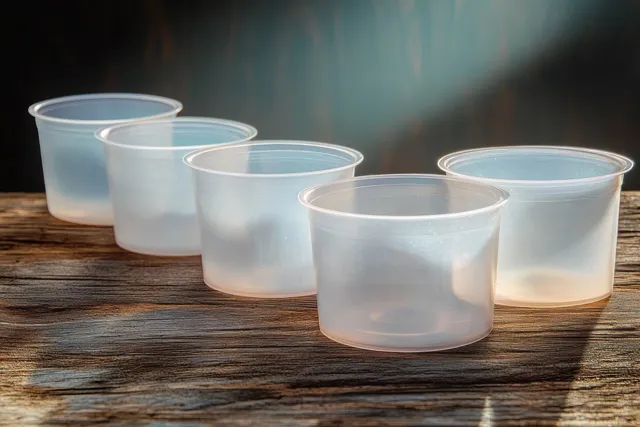 Five empty translucent plastic cups arranged diagonally on a wooden tabletop with soft natural lighting.