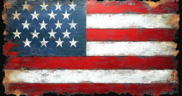 Distressed American flag painted with stars and striped pattern on rough weathered wood background.