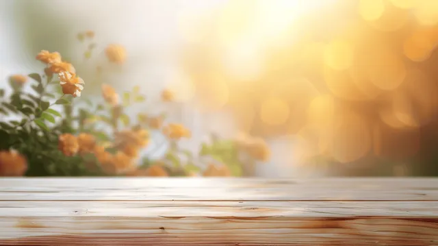 Sunlit wooden table in garden, warm bokeh yellow blossoms softly glowing behind