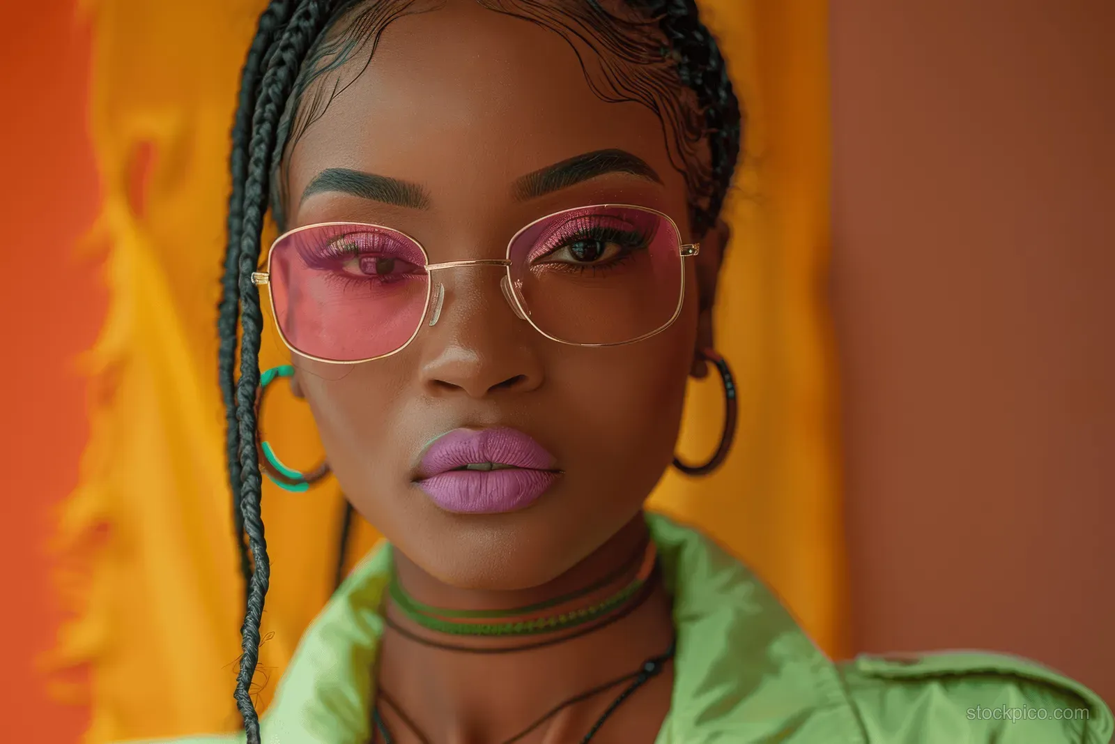 African woman with braided hair and tinted sunglasses poses in neon-lit studio against a multicolored background.