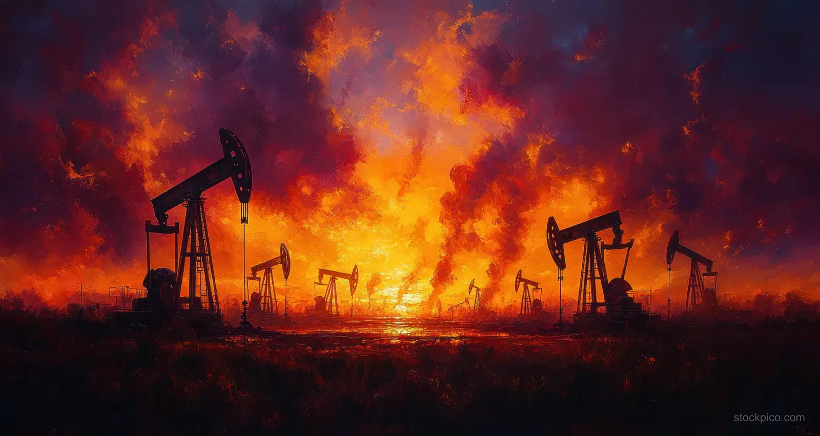 Oil drilling derrick silhouettes against a fiery orange sunset sky over an oilfield.