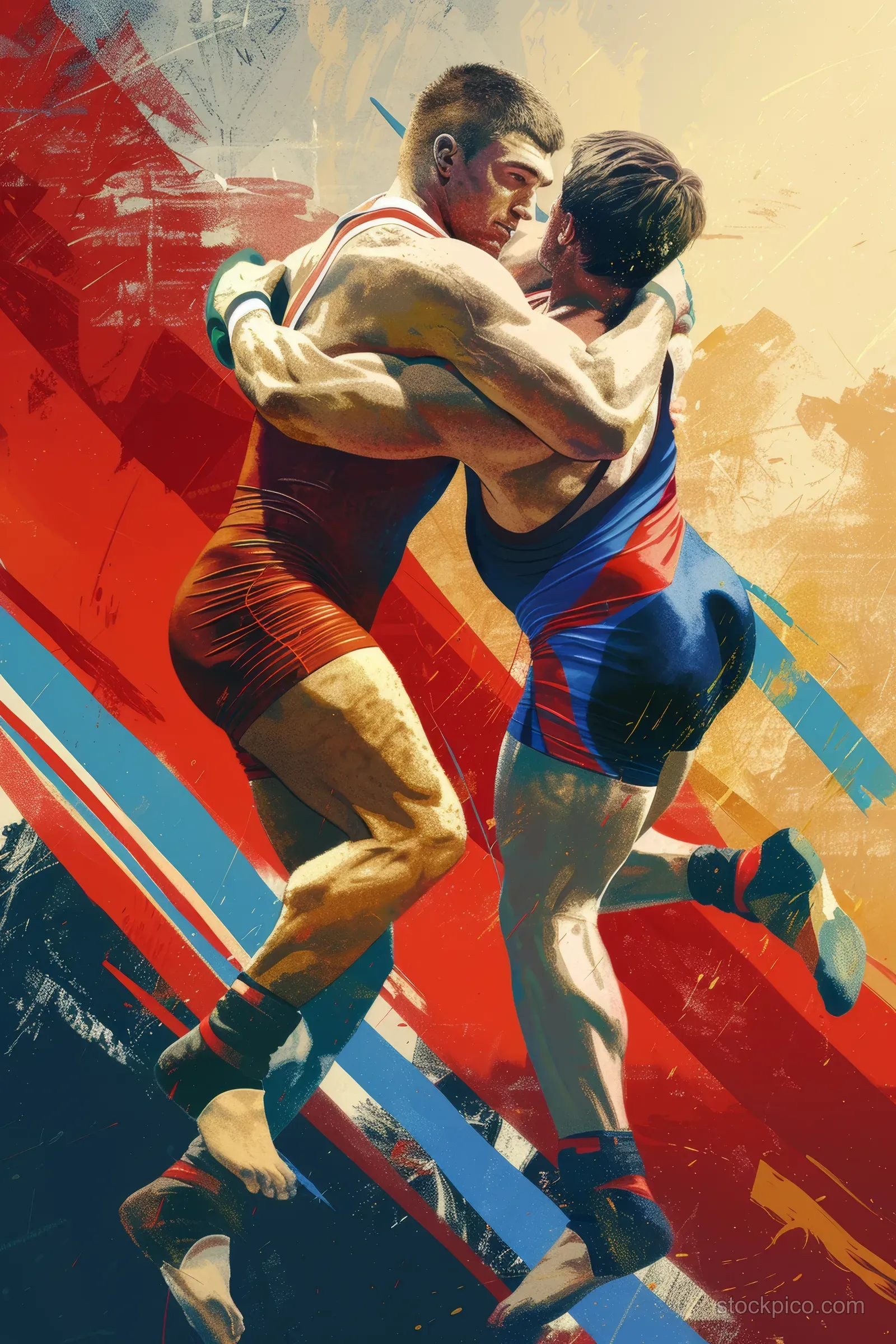 Two Russian freestyle wrestlers grapple during a match with a red flag background and motion blur.