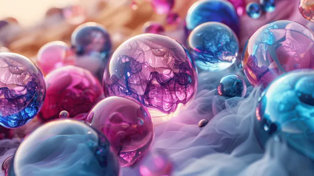 Translucent blue and purple glass spheres float together in a soft misty background.