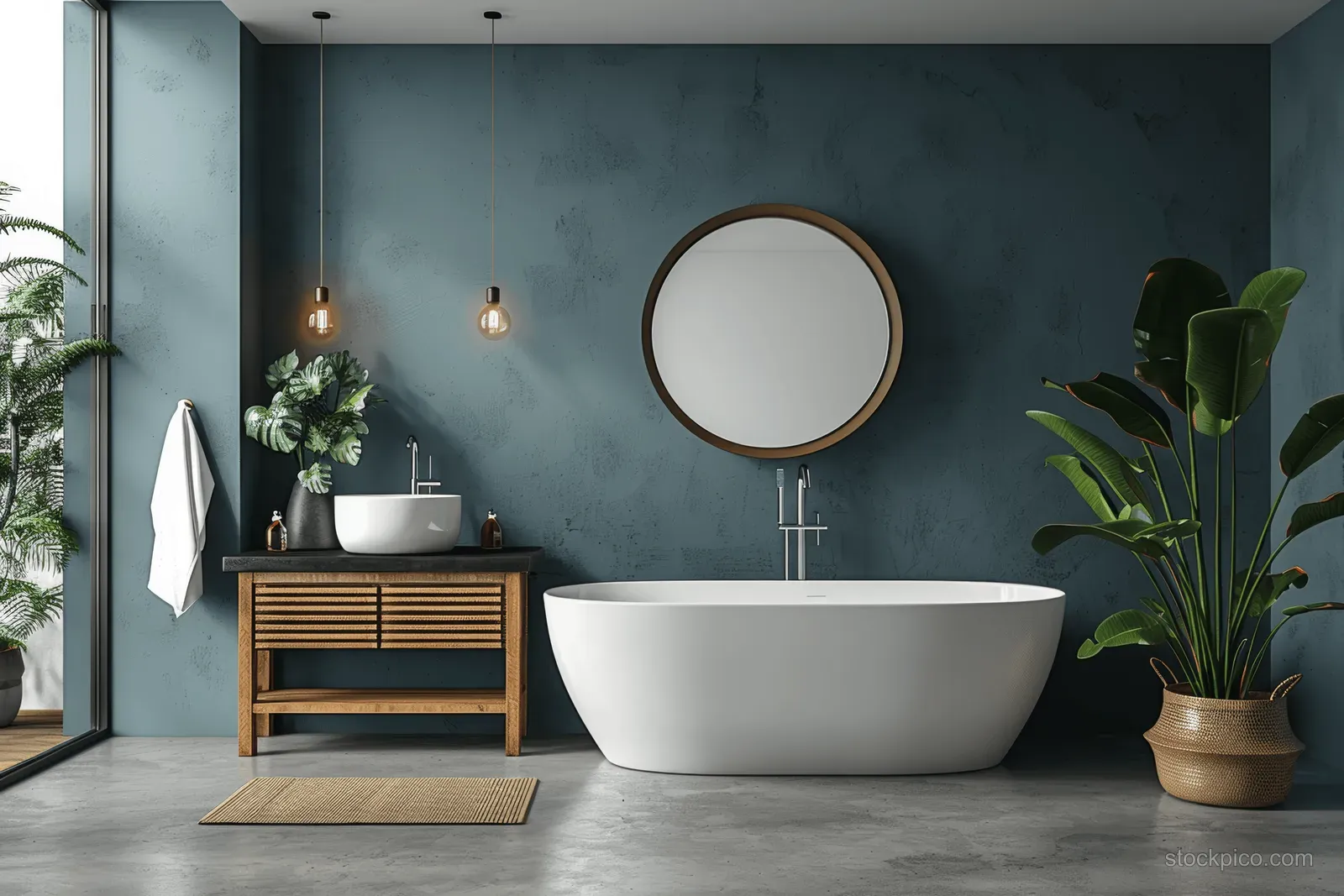 Freestanding white bathtub centered under a round mirror beside a wooden vanity, teal wall, and green potted plants.