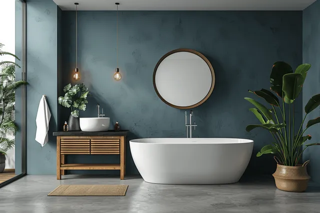 Freestanding white bathtub centered under a round mirror beside a wooden vanity, teal wall, and green potted plants.