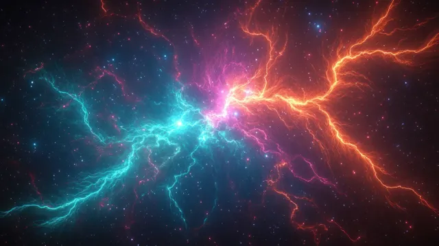 Blue and orange electric lightning arcs erupt across a starry galaxy nebula backdrop with Fantasy Sci Fi