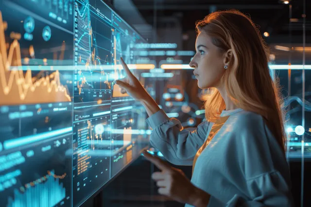 Woman analyzing interactive data charts on touchscreen display in futuristic office