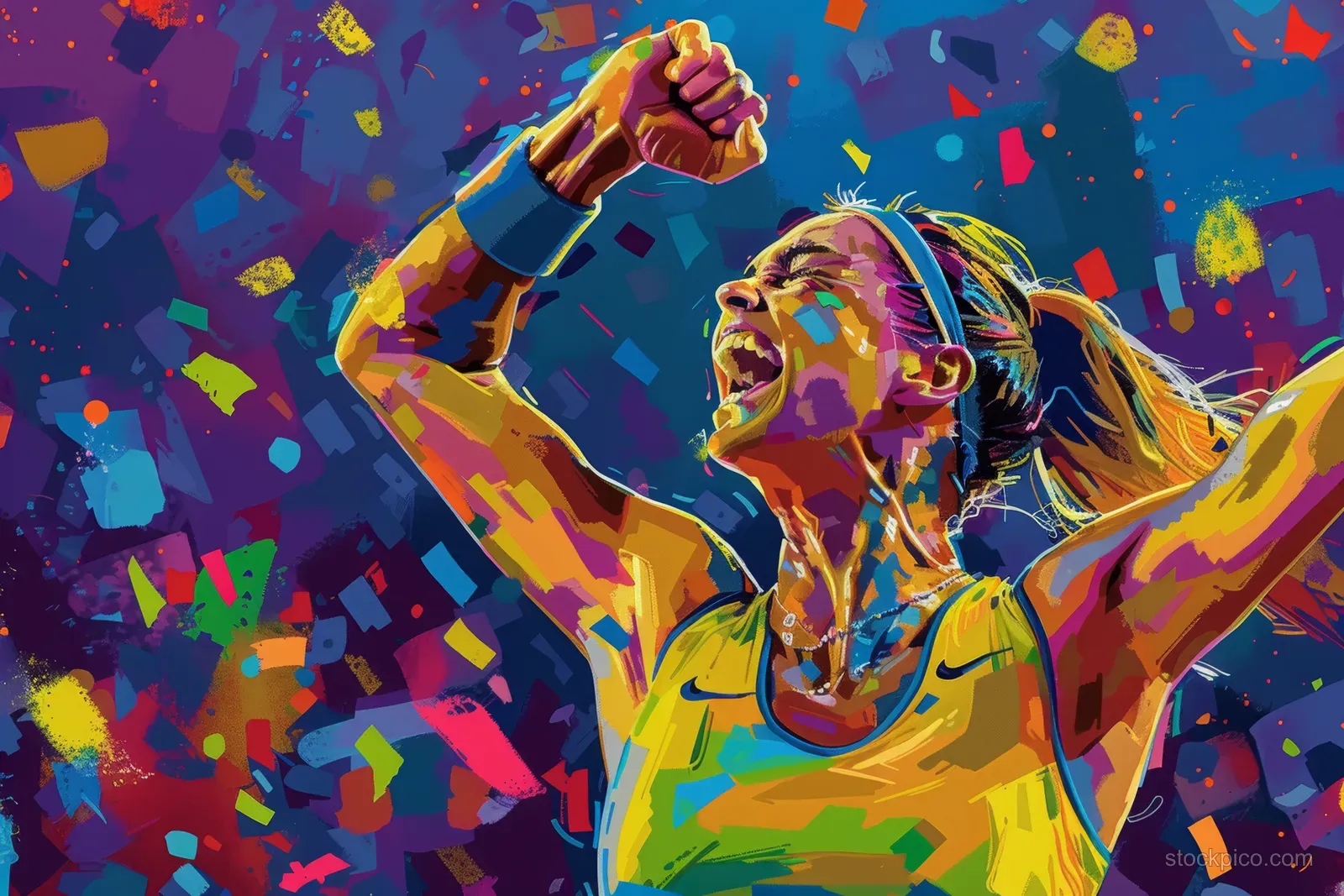 A tennis player raises a fist while celebrating a bronze medal amid colorful confetti in a stadium.