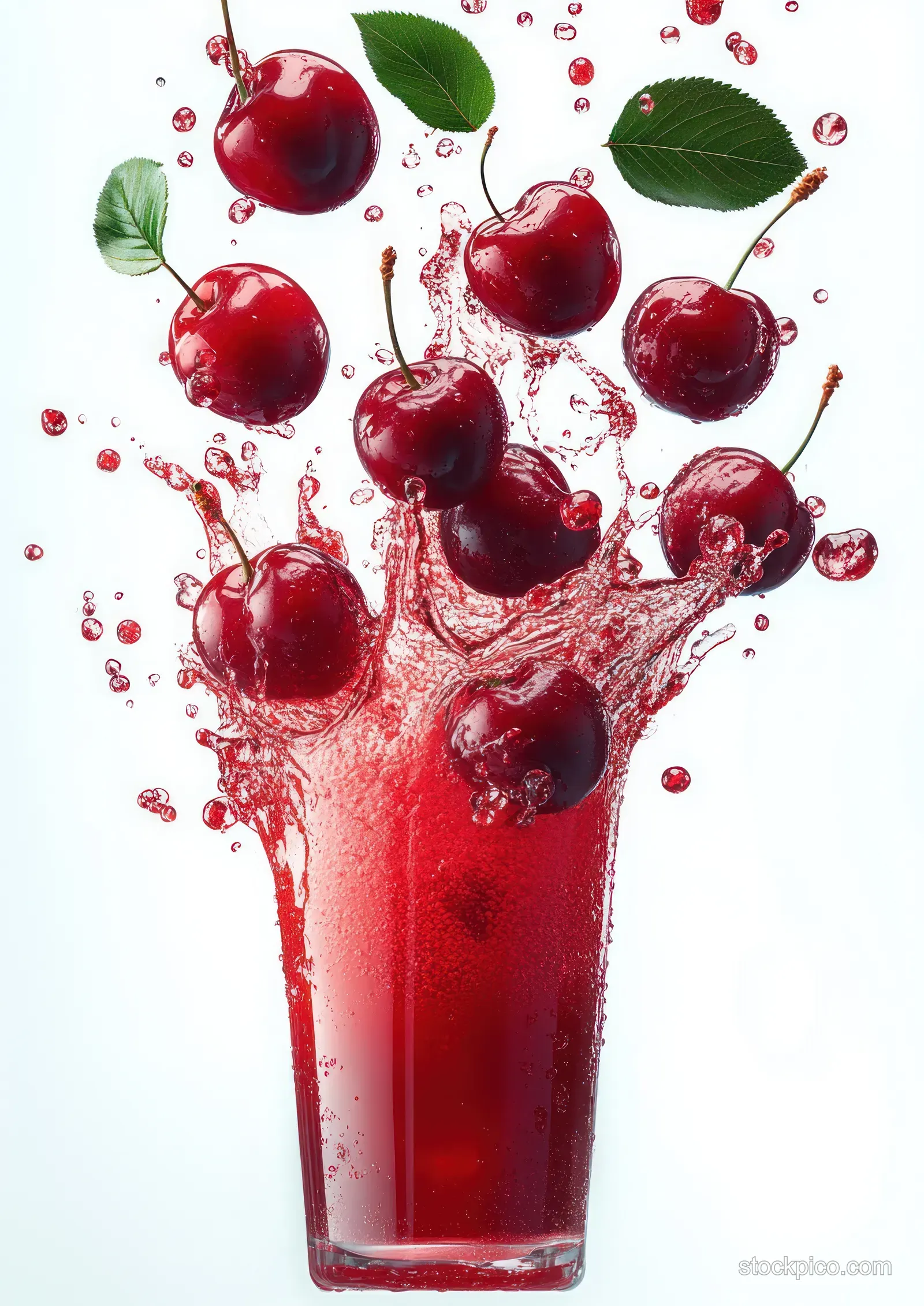 Cherry juice splashes above a clear glass on a white background as whole cherries and green leaves float midair.