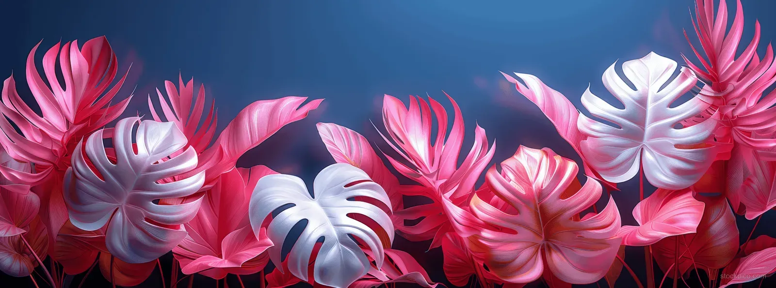 Pink and white 3D monstera leaves spread across a tropical banner on a blue gradient background.