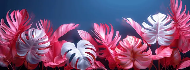 Pink and white 3D monstera leaves spread across a tropical banner on a blue gradient background.