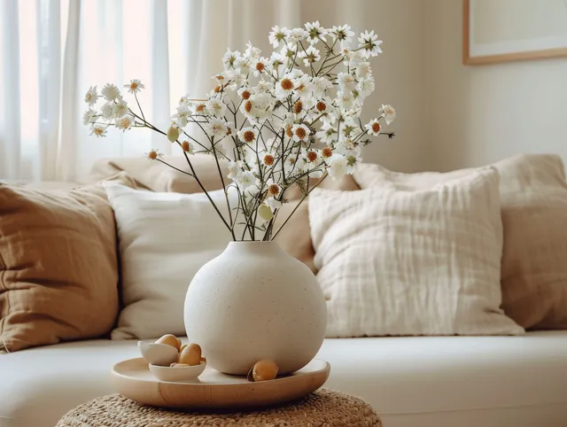 White wildflowers in a ceramic vase sit on a coffee table in front of beige sofa cushions near a window.
