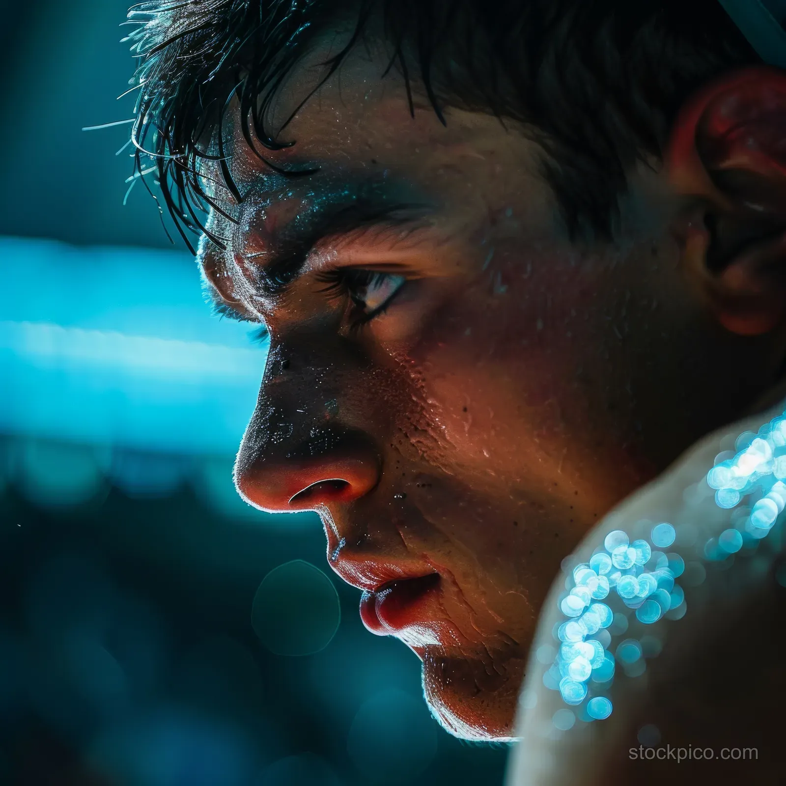 A Georgian freestyle wrestler’s sweat-covered face is shown in profile during a 57 kg bout with arena lights behind.
