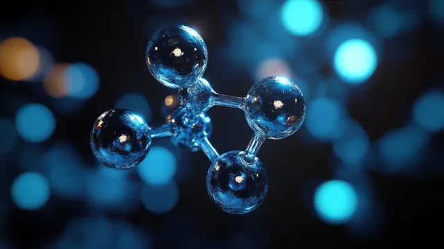 Close-up of a blue 3D molecular structure with shiny spherical atoms and cylindrical bonds on a blurred blue background.