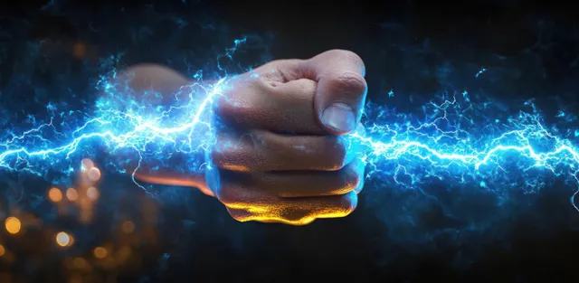 A clenched human fist surrounded by blue lightning bolts glowing against a dark background.