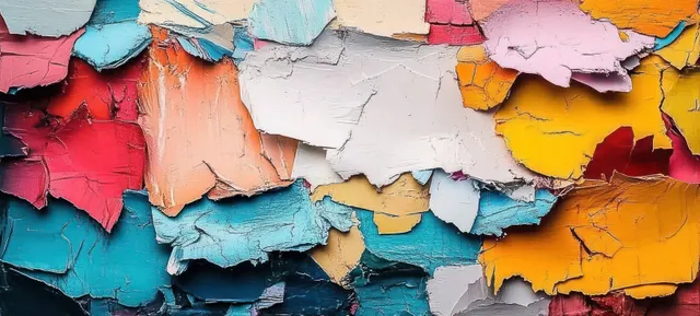 Colorful torn paper collage with layered scraps and rough edges filling the frame