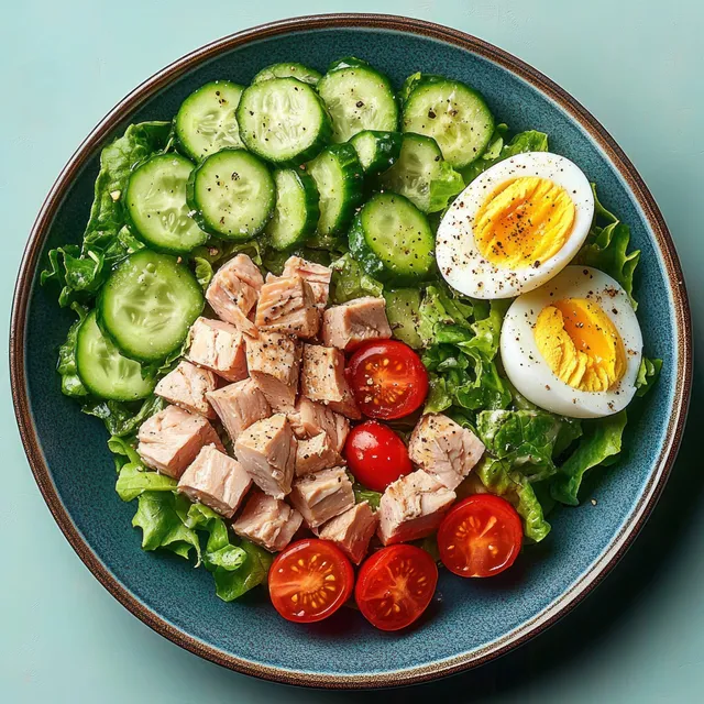 Fresh salad bowl with chopped chicken, cucumber rounds, cherry tomatoes, and halved eggs