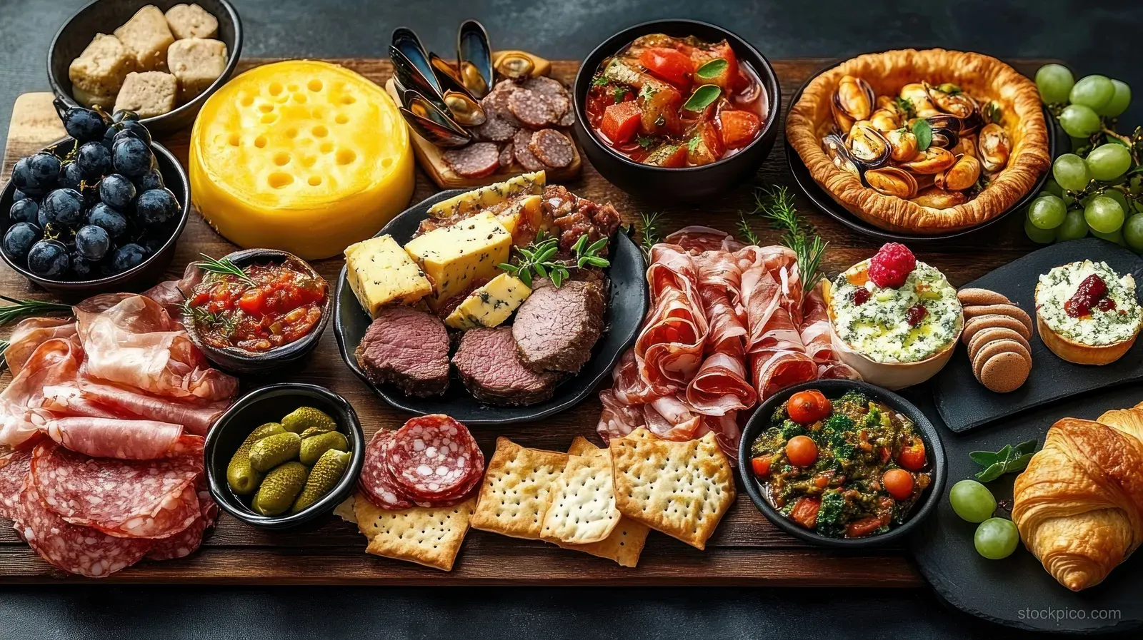 Assorted charcuterie spread on wooden platters with cured meats, cheeses, crackers, pickles, grapes, dips, croissants, and a tart.