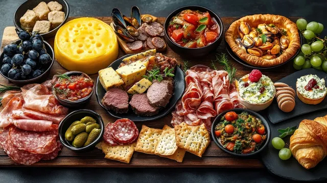 Assorted charcuterie spread on wooden platters with cured meats, cheeses, crackers, pickles, grapes, dips, croissants, and a tart.