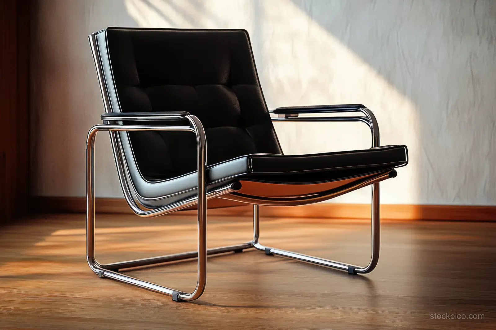 Black leather armchair with chrome frame positioned on a wooden floor in a sunlit minimalist room.