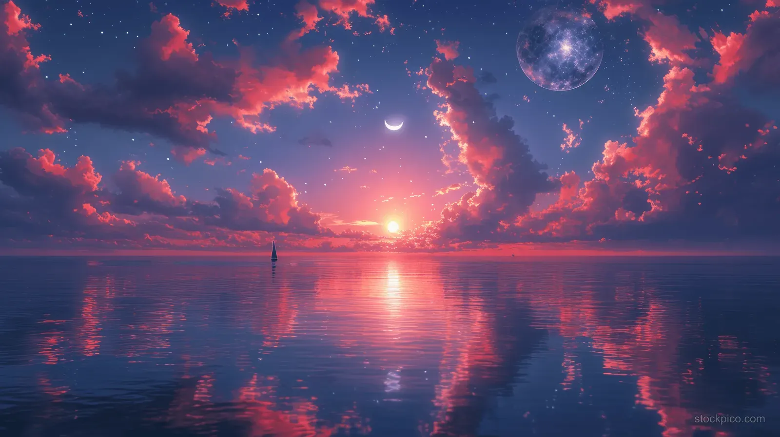 A glowing moon and stars appear in purple clouds above a calm lake with mirrored reflections and a bright sun.