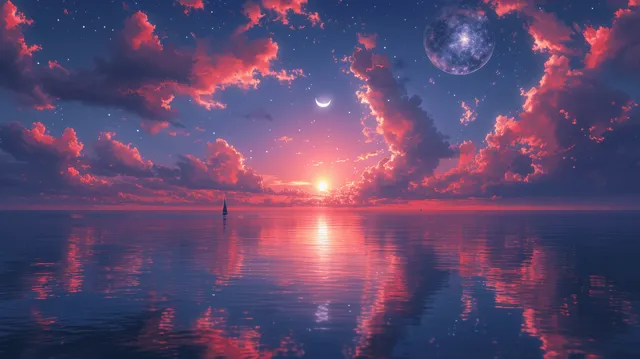 A glowing moon and stars appear in purple clouds above a calm lake with mirrored reflections and a bright sun.