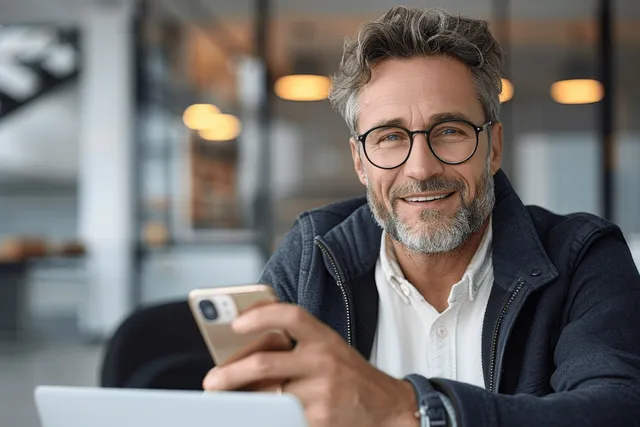 Smiling middle-aged business manager holding a smartphone while typing on laptop in office