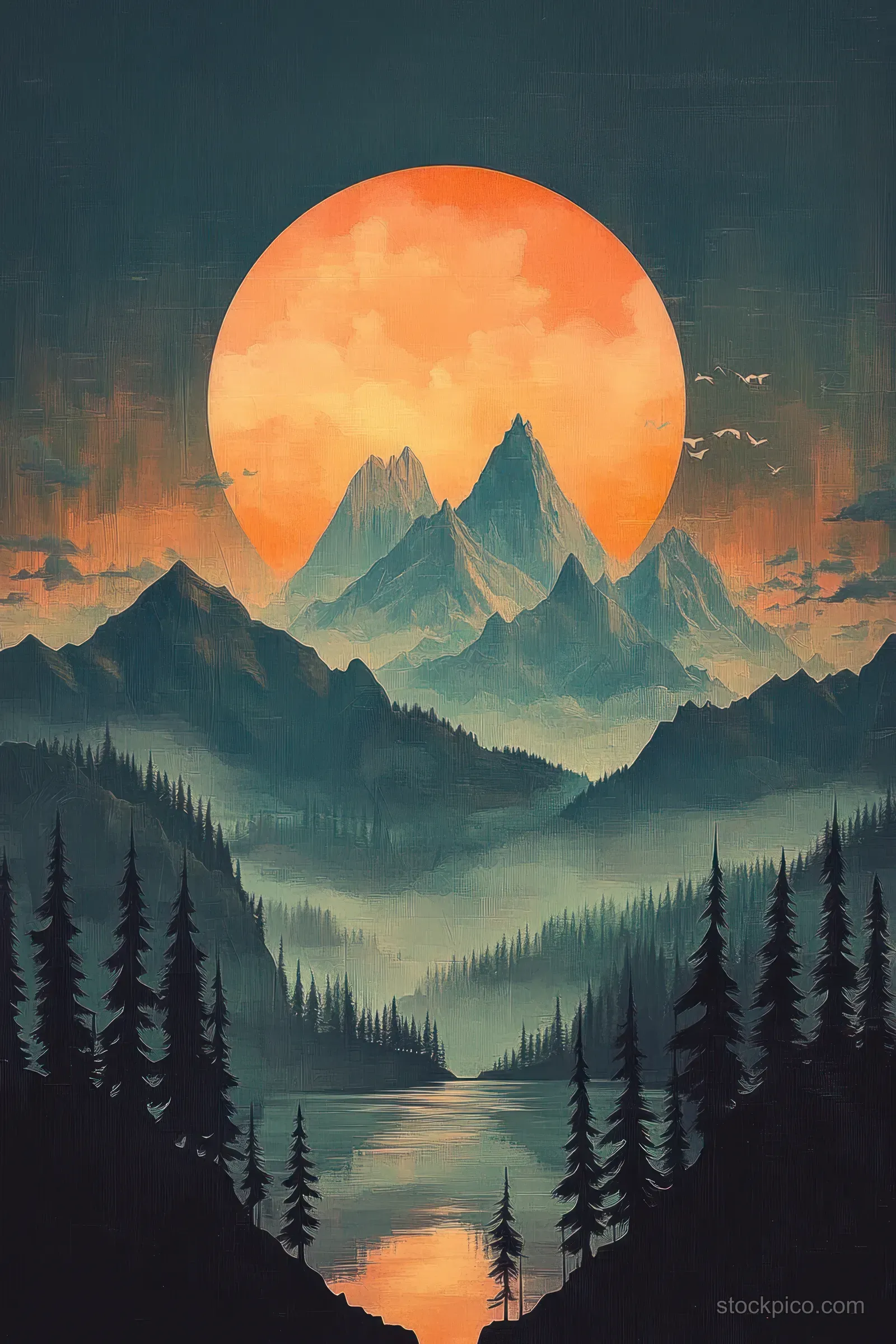 Orange sun over pine forests and misty mountain valleys with a reflective lake and birds flying across the sky.