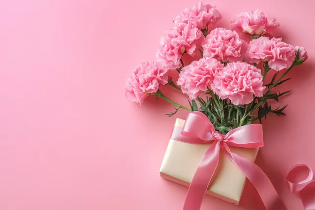 Pink carnations in satin bow gift box on soft pink background
