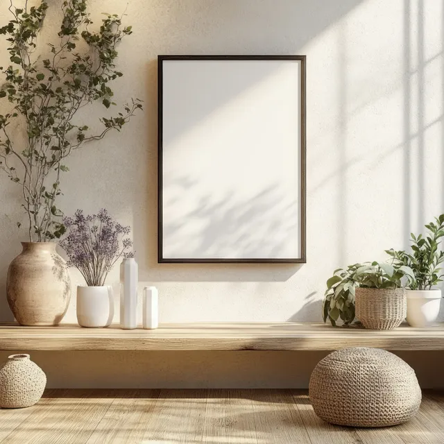 Minimalist Scandinavian room with blank frame, potted plants, and wooden table by sunlit window