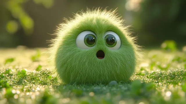 A small fluffy green creature with large eyes looks surprised while sitting on moss in soft sunlight.