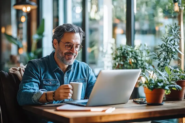 Smiling man in denim shirt enjoying coffee while working on laptop in bright home office
