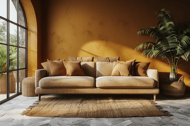 Beige sofa and wooden coffee table arranged in a minimalist living room with an arched golden wall and leafy plants.