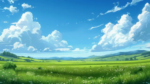 Green hills and spring fields stretch across the countryside under a blue sky with fluffy white clouds.