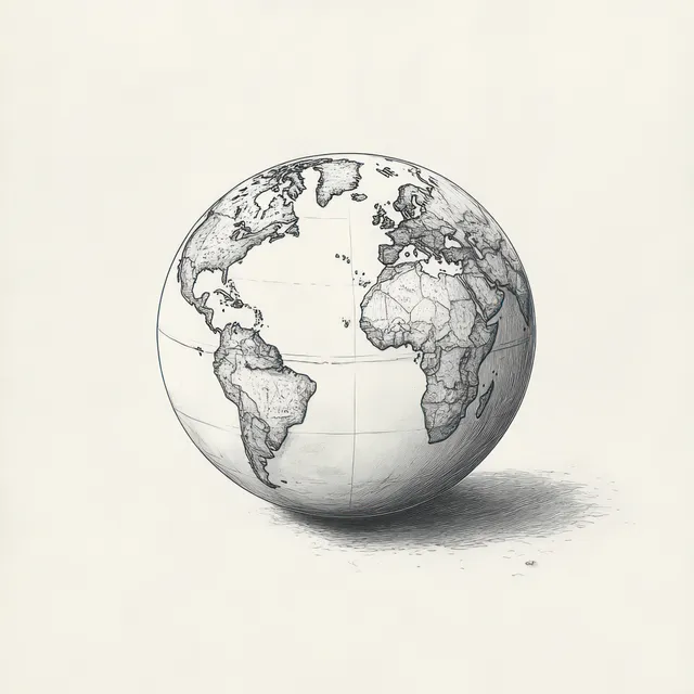 Minimalist continuous line drawing of the Earth globe with sketched continents, oceans, and a soft shadow.