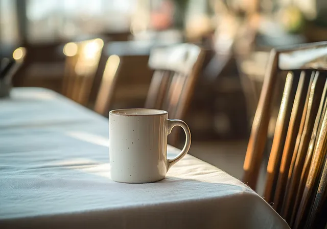 White ceramic mug on sunlit white tablecloth with softly blurred wooden chairs behind