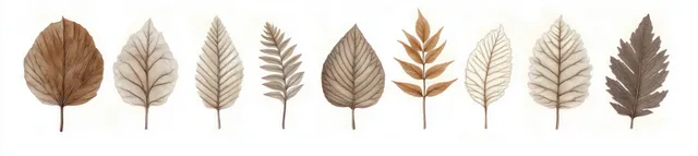 Nine dried brown and beige leaves arranged in a row on a white background.