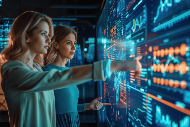 Two women point at interactive digital screens showing graphs and glowing analytics dashboards in a tech office.