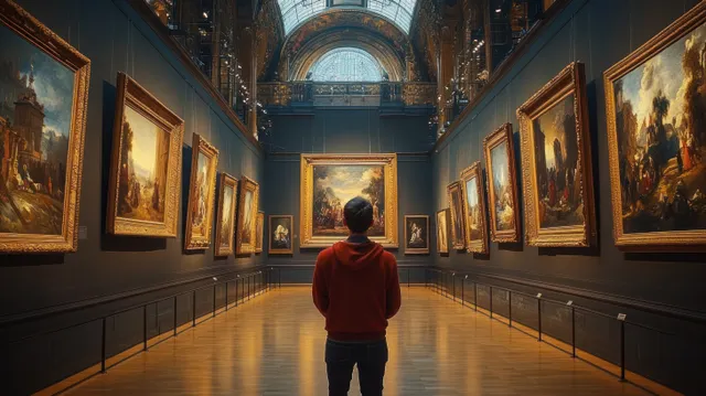 Visitor Admiring Renaissance Paintings in an Historic Museum Gallery