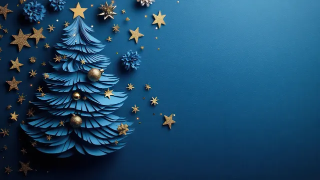 Blue paper Christmas tree with golden stars and baubles sits on a textured blue festive background.