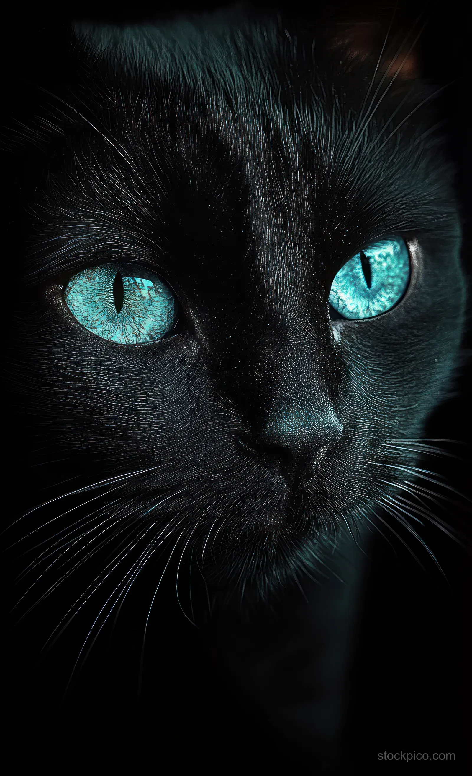 Close-up portrait of a black cat with bright blue eyes and visible whiskers against a dark background.