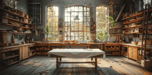 Sunlit workshop with arched windows and a white fabric-covered worktable surrounded by tools and wooden shelves.