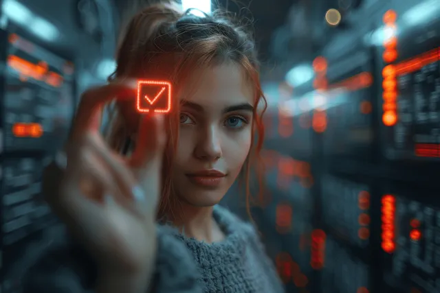 A businesswoman displays a glowing electronic checkmark while approving a digital checklist in a futuristic office.