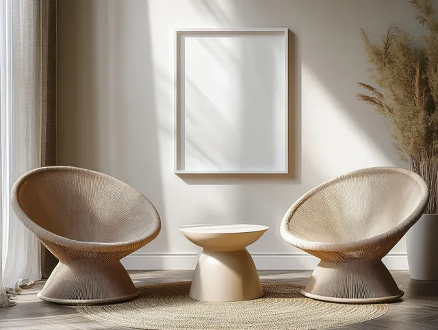 Two cream lounge chairs face a small blank picture frame on a white wall in a bright Scandinavian room.